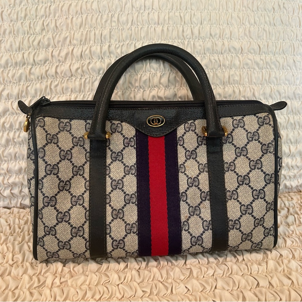 Gucci Boston Handbag Stripe Navy Authentic